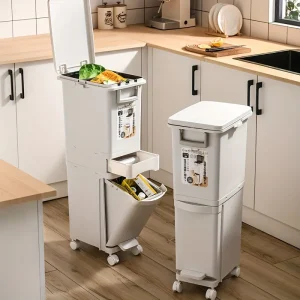 29L/32L Large Dual-Compartment Trash Can Foot Pedal Durable Plastic Bin Dry/Wet Separation Secure Lid Kitchen Waste Management 1