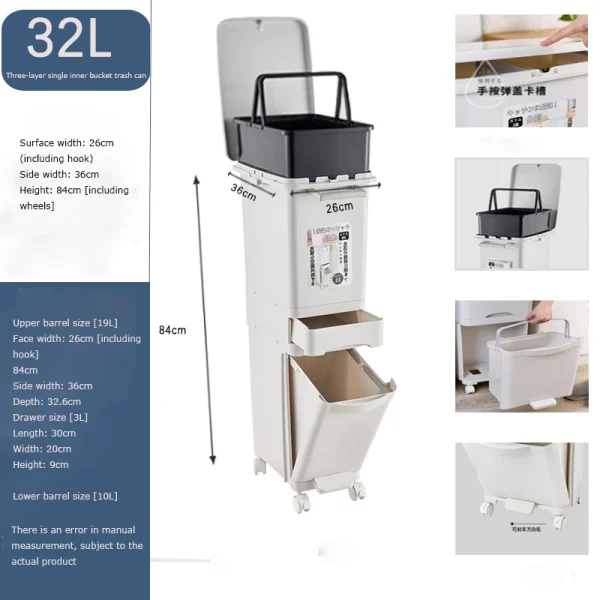 Garbage Classification 29/32L 2/3Layers Plastic Trash Bin Home Kitchen Garbage Classification Can with Wheels Garbage Storage 6